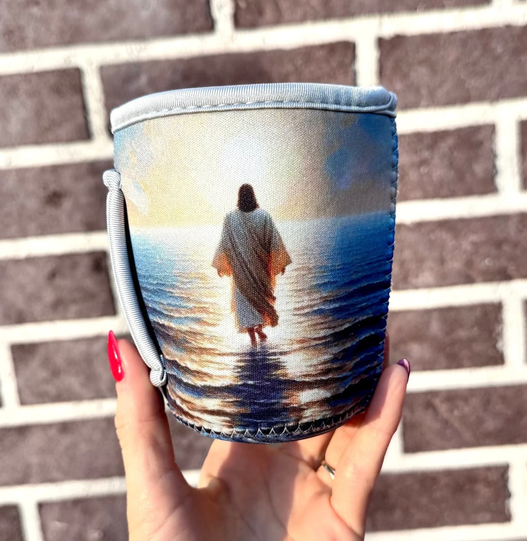 Jesus walking on water koozie